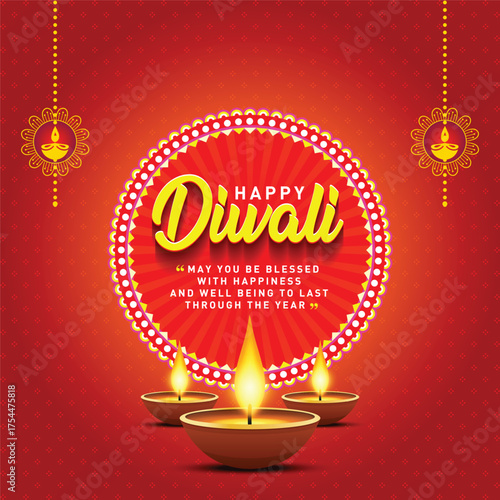 Happy Diwali Greetings Card Poster Design, Banner, Logo, Sticker, Concept, Template, Icon, Unit, Label, Web, Mnemonic with Lamps on festive red background. Indian Festival of Light and Fire - Vector