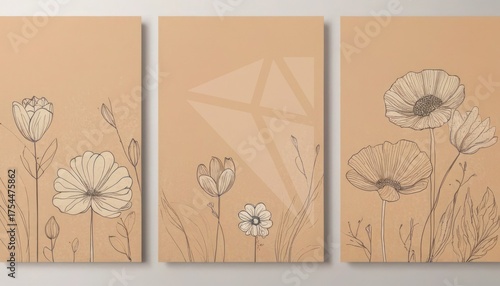 Abstract groovy posters flowers in beige tones. Modern trendy Minimal style. Hand drawn design for wallpaper, wall print, postcard, cover, template, banner. (4)