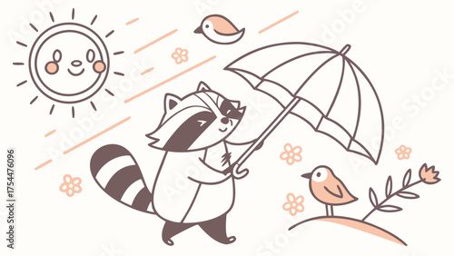 Cute Grumpy Raccoon, accessorized with under an umbrella, in a Morning sunshine world – Sunny Mornings palette vector