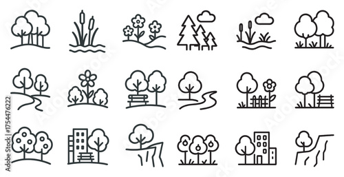 Nature and landscape outline icons set – linear, silhouette, environmental symbols