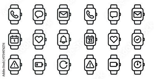 Smartwatch app outline icons set – line, gadget, tech interface symbols