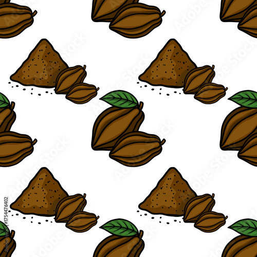 Seamless vector pattern featuring cocoa beans and cocoa powder with a hand-drawn aesthetic.
