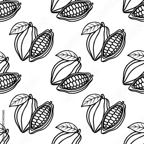 Seamless vector pattern of stylized cocoa pods and leaves in a minimalist black and white line art style, evoking a natural and organic feel.