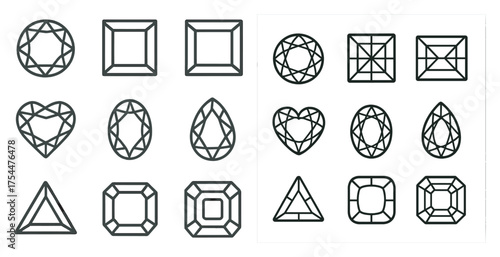 Gemstones outline icons set – linear, geometric, jewelry and precious stone symbols
