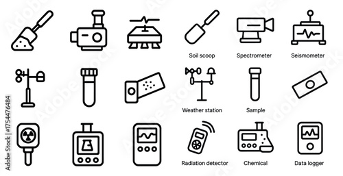 Science and research outline icons set – solid, lab equipment, measurement symbols