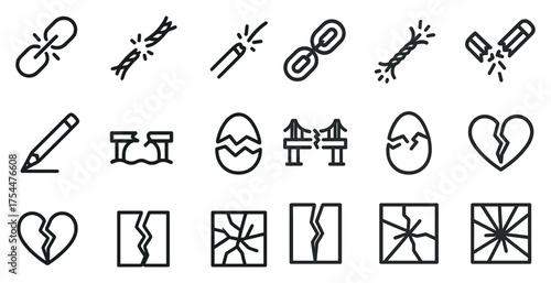 Broken items outline icons set – linear, silhouette, fracture and damage symbols