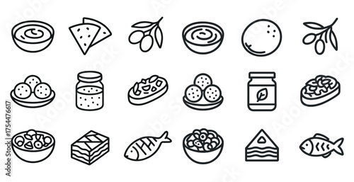 Greek cuisine outline icons set – flat, filled, culinary and food symbols