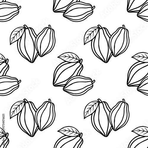 Seamless vector pattern of stylized cocoa pods with leaves, rendered in a clean, minimalist black and white line art style for a graphic and modern aesthetic.