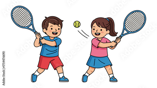 Tennis Duo: Capturing a vibrant cartoon illustration of two young individuals engaged in a friendly tennis match, the image radiates joy, fun, and the spirit of sportsmanship.