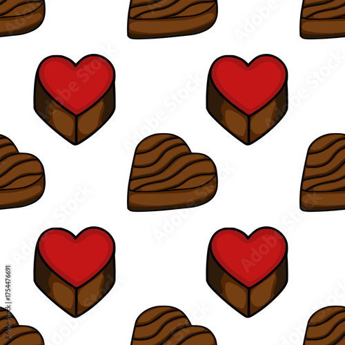 Seamless vector pattern of assorted heart-shaped chocolates with rich brown tones and a vibrant red topping, perfect for confectionery branding and sweet themed designs.
