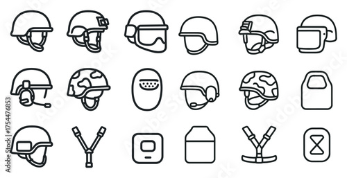 Military gear line icons set – outline, helmet and protective equipment symbols