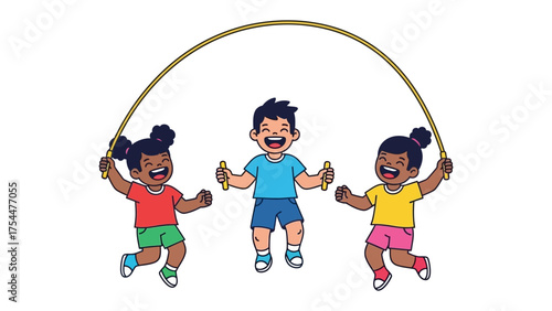 Joyful Leap: A trio of children joyfully leap and play with a jump rope, captured in an energetic scene filled with fun and friendship.