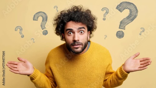 A confused man standing with question marks above his head on a yellow background. People emotions lifestyle concept	