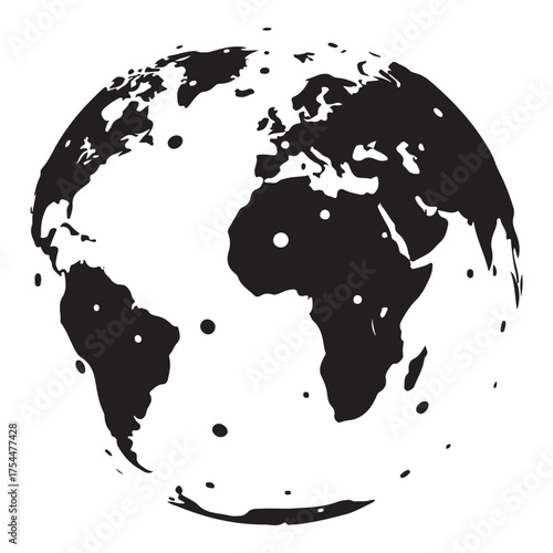 A striking black and white vector globe, isolated on white background, depicting continents and landmasses with a minimalist and modern design