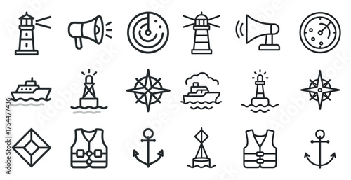 Marine and nautical outline icons set – line, maritime, sailor and sea symbols
