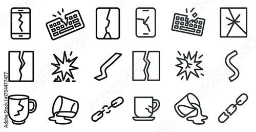 Broken items line icons set – outline, silhouette, damage and repair symbols