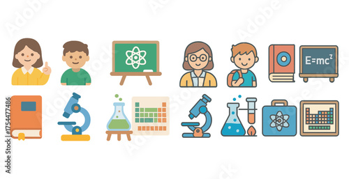Science and education flat icons set – learning, school, academic symbols