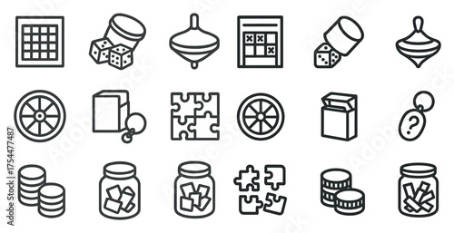 Board games outline icons set – puzzle, strategy, tabletop entertainment symbols
