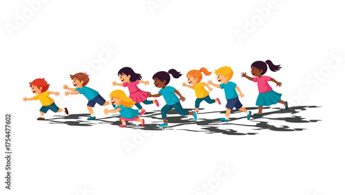 Joyful Run: A dynamic illustration of children in vibrant attire joyfully running, their silhouettes stretched across the ground, embodying energy, enthusiasm.