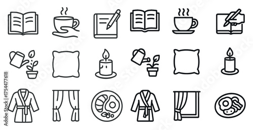 Home and leisure outline icons set – line, linear, lifestyle and comfort symbols