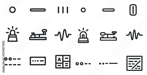 Morse code outline icons set – linear, line, communication and signaling symbols