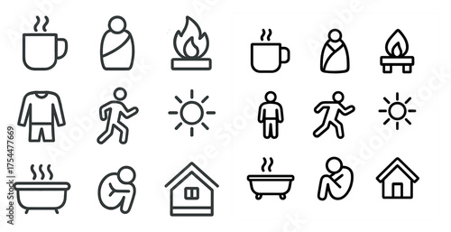 Cozy and casual outline icons set – winter, home, and lifestyle symbols