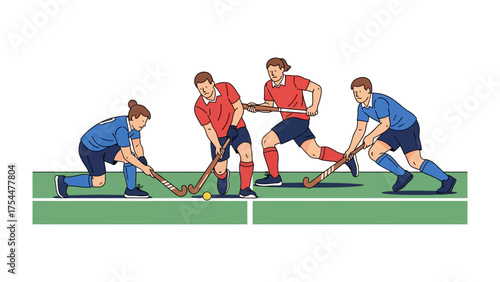 Hockey Match in Progress: Energetic athletes engage in a fast-paced field hockey match, poised and focused with their sticks, chasing after the small, yellow ball with determination.