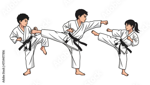 Karate Demonstration: Three individuals, each adorned in traditional karate attire, execute powerful kicks and punches with precision, showcasing the discipline and skill.