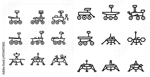 Space exploration line icons set – outline, space, sci-fi, robotic rover symbols