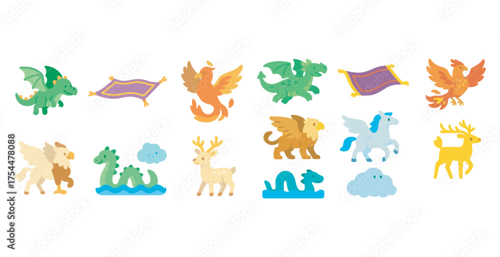Obraz premium Magical creatures icons set – flat, outline, mythical and fantasy symbols