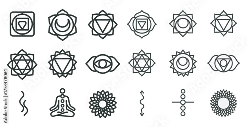 Chakra line icons set – outline, linear, spiritual and meditation symbols