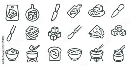 Cheese and fondue outline icons set – line, culinary, dairy symbols