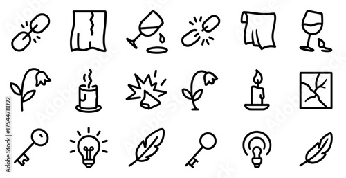 Wedding planning outline icons set – elegant, linear, celebration symbols