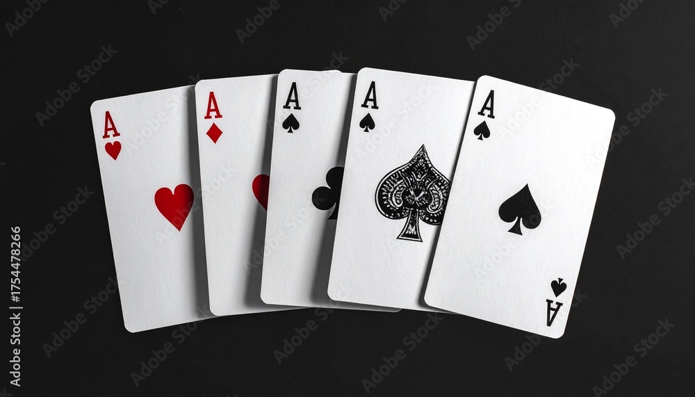 Obraz premium Poker Hand with Four Aces and King of Spades on Dark Background – High-Stakes Gambling Concept with Playing Cards