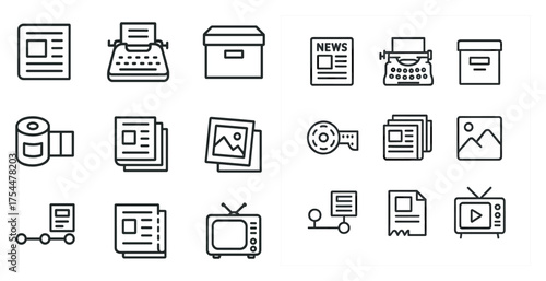 News and media outline icons set – linear, filled, journalism and press symbols