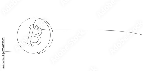 Minimalist line drawing of bitcoin currency symbol inside a coin. Outline illustration for cryptocurrency, blockchain, digital finance, and virtual money design projects