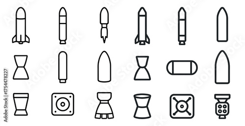 Rocket and space exploration outline icons set – linear, silhouette, cosmic symbols