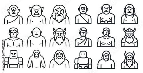 Mythical creatures outline icons set – linear, silhouette, fantasy and legend symbols