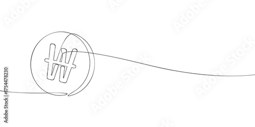 Continuous line drawing of a coin with South Korean won sign. Minimal vector outline illustration of ₩ currency, finance, banking, savings, economy, and money design template