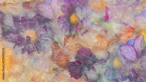 abstract photograph of flowers frozen (zinnia, cosmos, dahlia) in ice resulting in an ethereal, painting-like  abstract effect