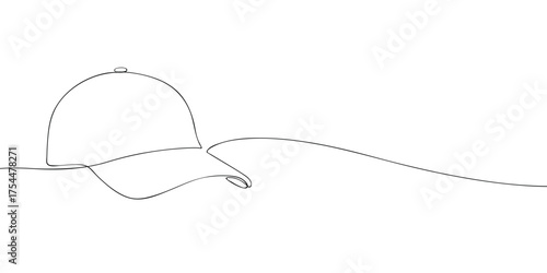 Continuous line drawing of a baseball cap with curved visor. Minimal vector outline illustration of casual headwear accessory for fashion, apparel, sports outfit, or design template