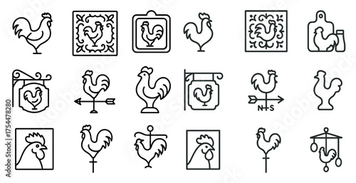 Rooster and farm animal outline icons set – line, silhouette, barnyard symbols