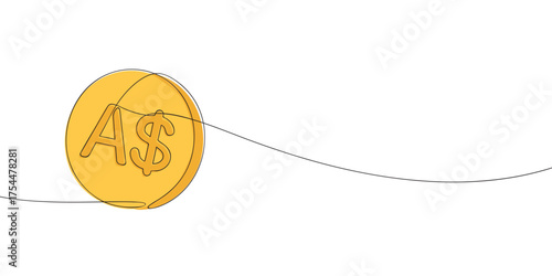 Continuous line drawing of a gold coin with Australian dollar sign. Minimal vector illustration of money, finance, currency, savings, economy, and banking design template