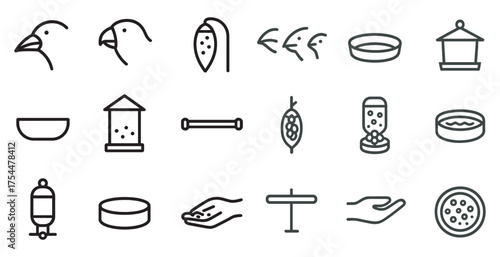 Bird feeding linear icons set – outline, line, avian care and wildlife symbols