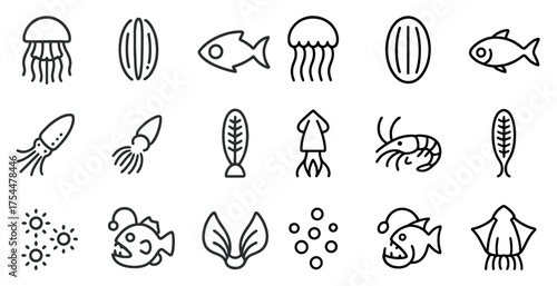Marine life outline icons set – aquatic, ocean, sea creature symbols