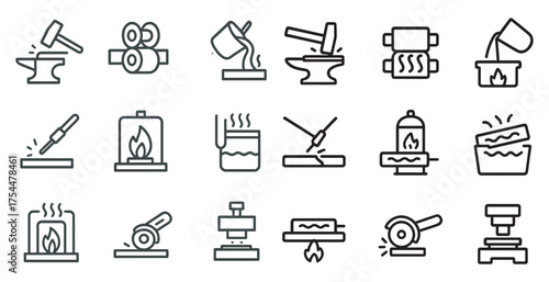 Metalworking and blacksmith line icons set – outline, silhouette, crafting tools
