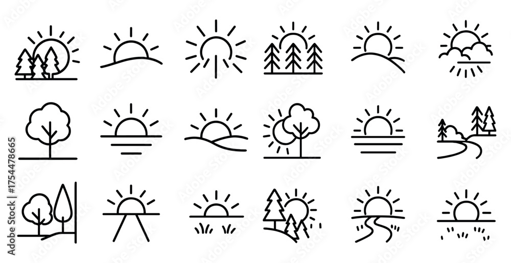 Naklejka premium Nature and landscape outline icons set – linear, silhouette, scenery and environment symbols