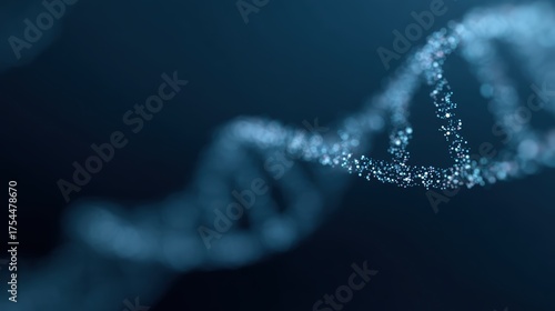 3D rendering of a DNA helix made of glowing, abstract particles on a dark blue background.