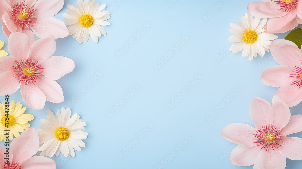 Fototapeta premium Pink flower white daisy yellow daisy blue background spring floral border nature blossom petal cheerful greeting card copy space fresh decorative botanical celebration pastel arrangement