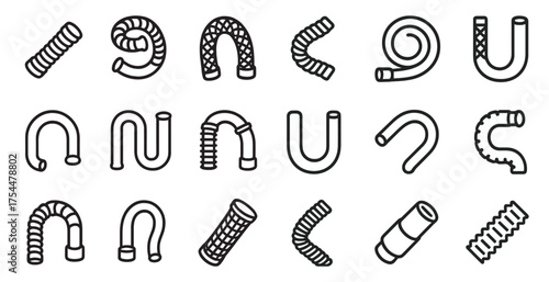Plumbing and construction outline icons set – pipes, fittings, repair symbols
